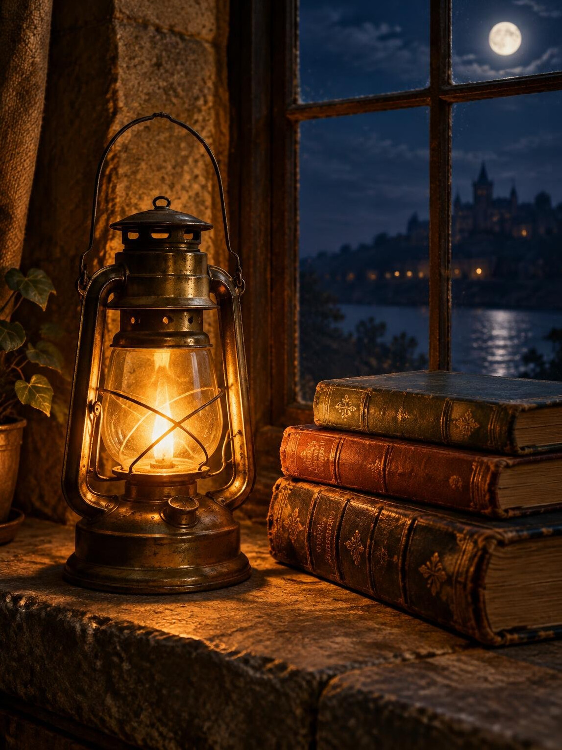 Old lantern glowing beside a stack of worn books at night