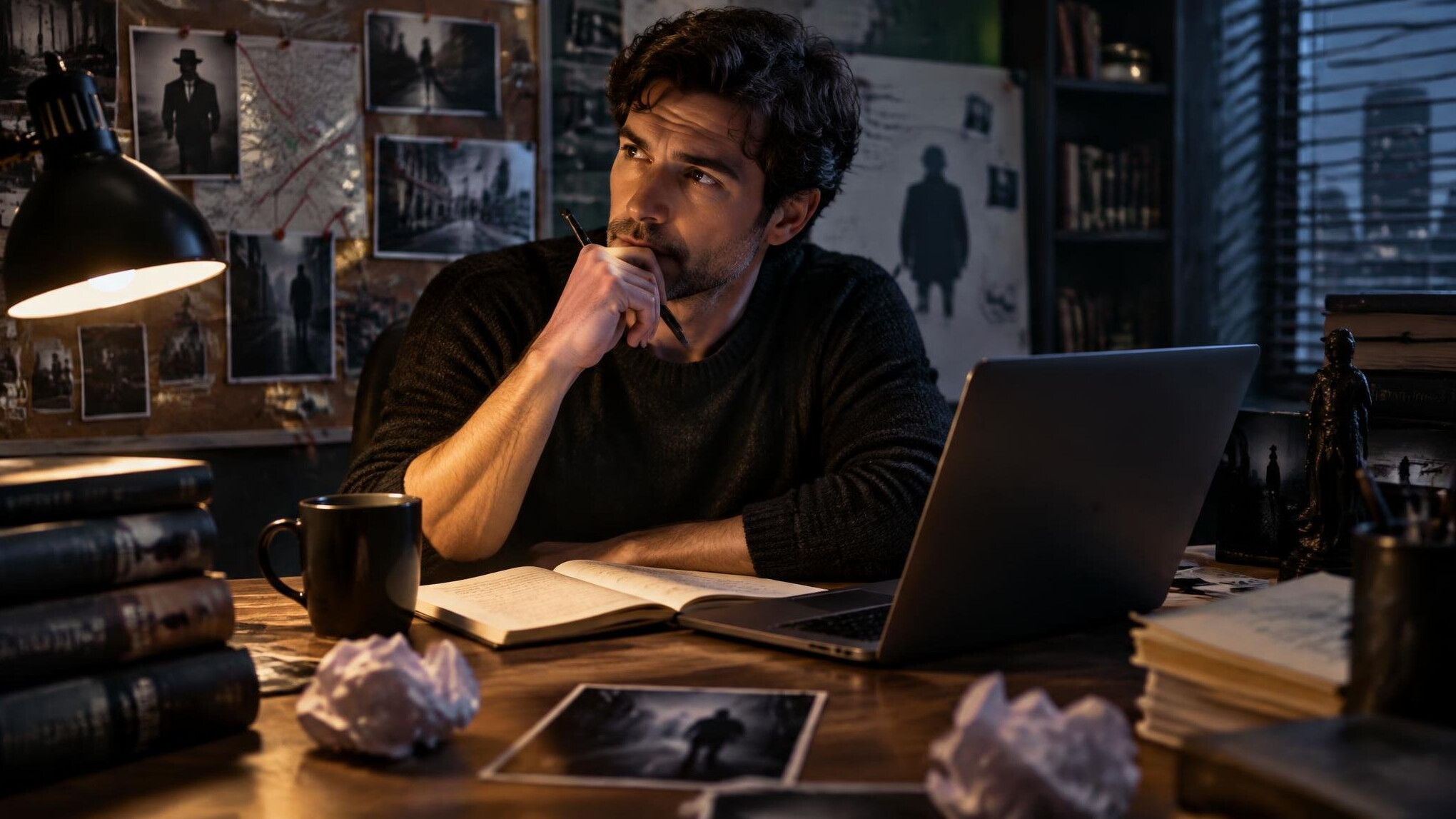 crime writer at desk