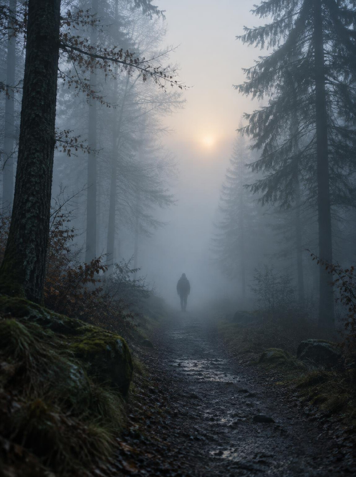 Foggy forest path with a lone silhouette in the distance