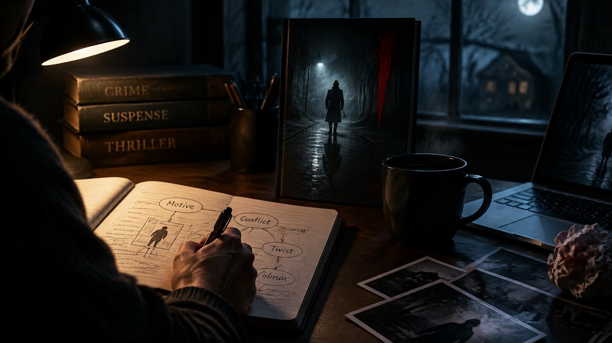 mystery writer desk setup