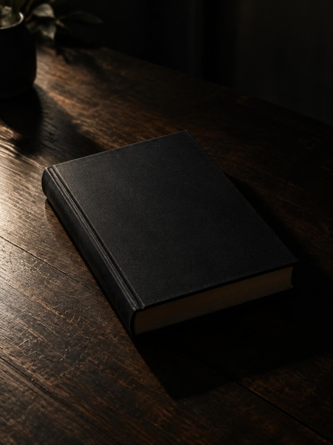 Closed hardcover book resting on a dark wooden table with dramatic shadow