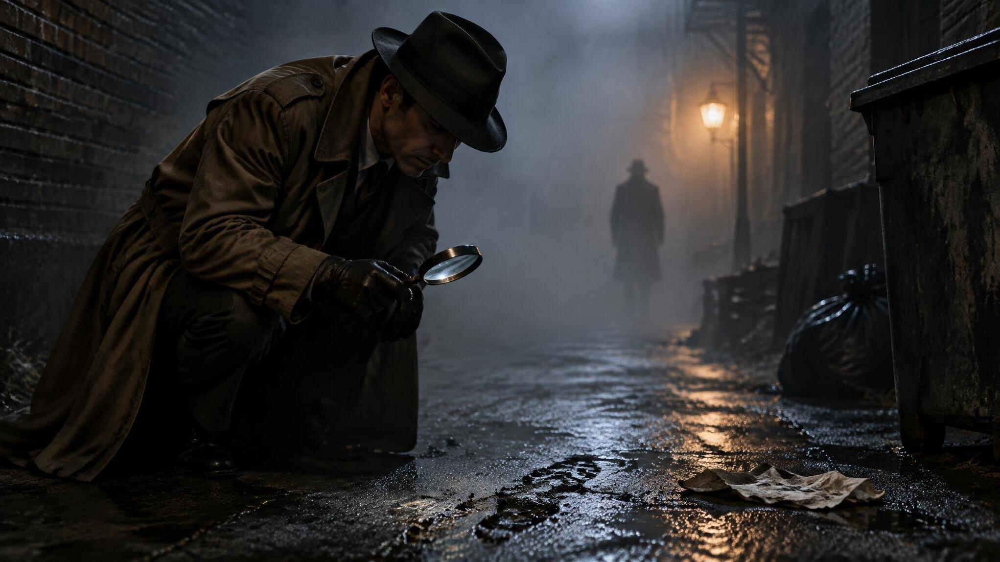 detective in foggy alley