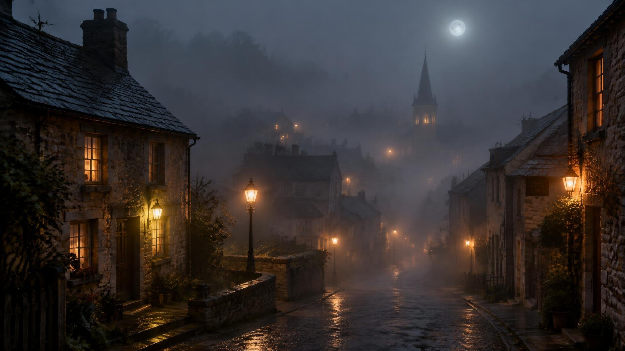 foggy small town at night