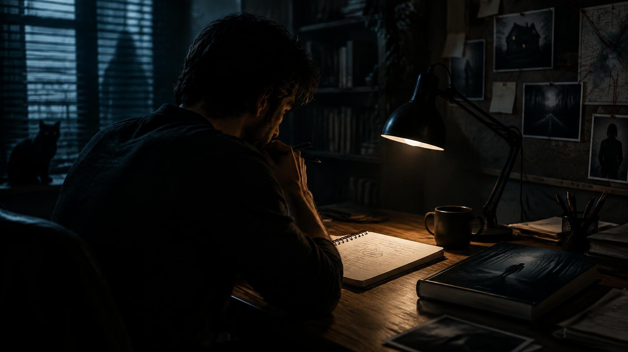 writer at desk with notebook
