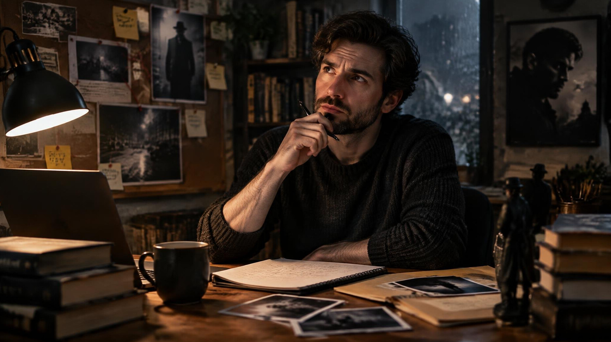 crime writer at desk