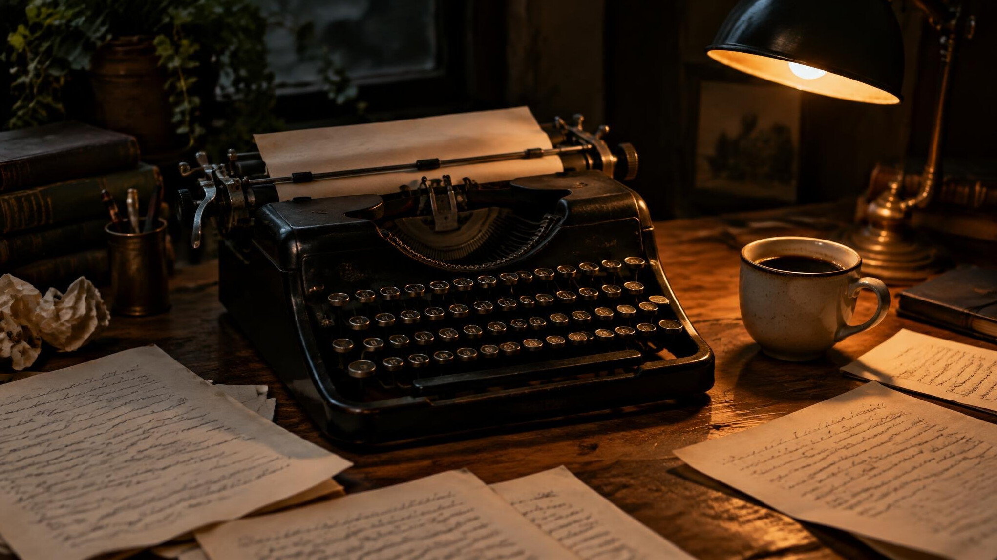 Vintage typewriter with scattered papers and a cup of coffee on a wooden desk