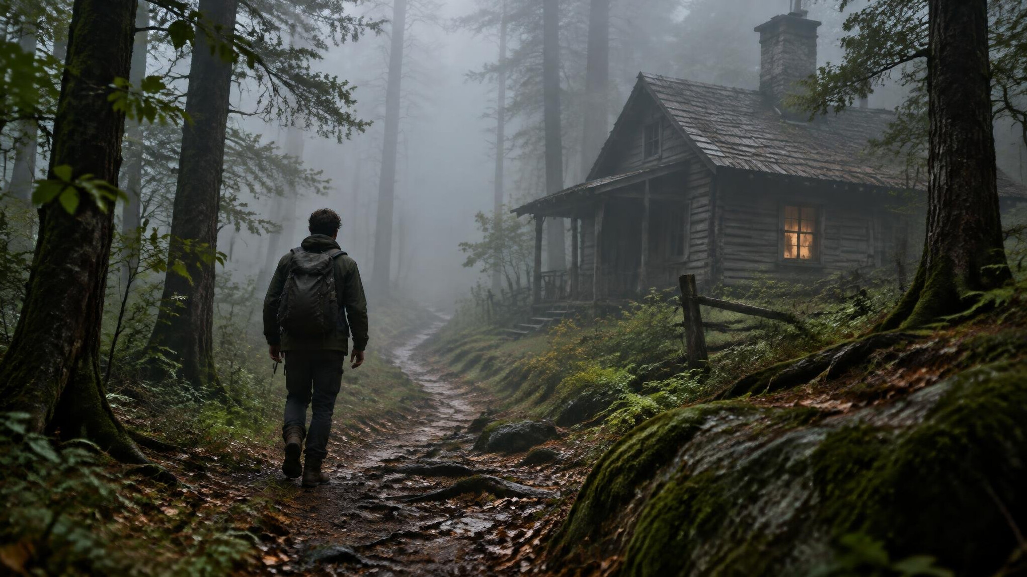 man walking in foggy forest