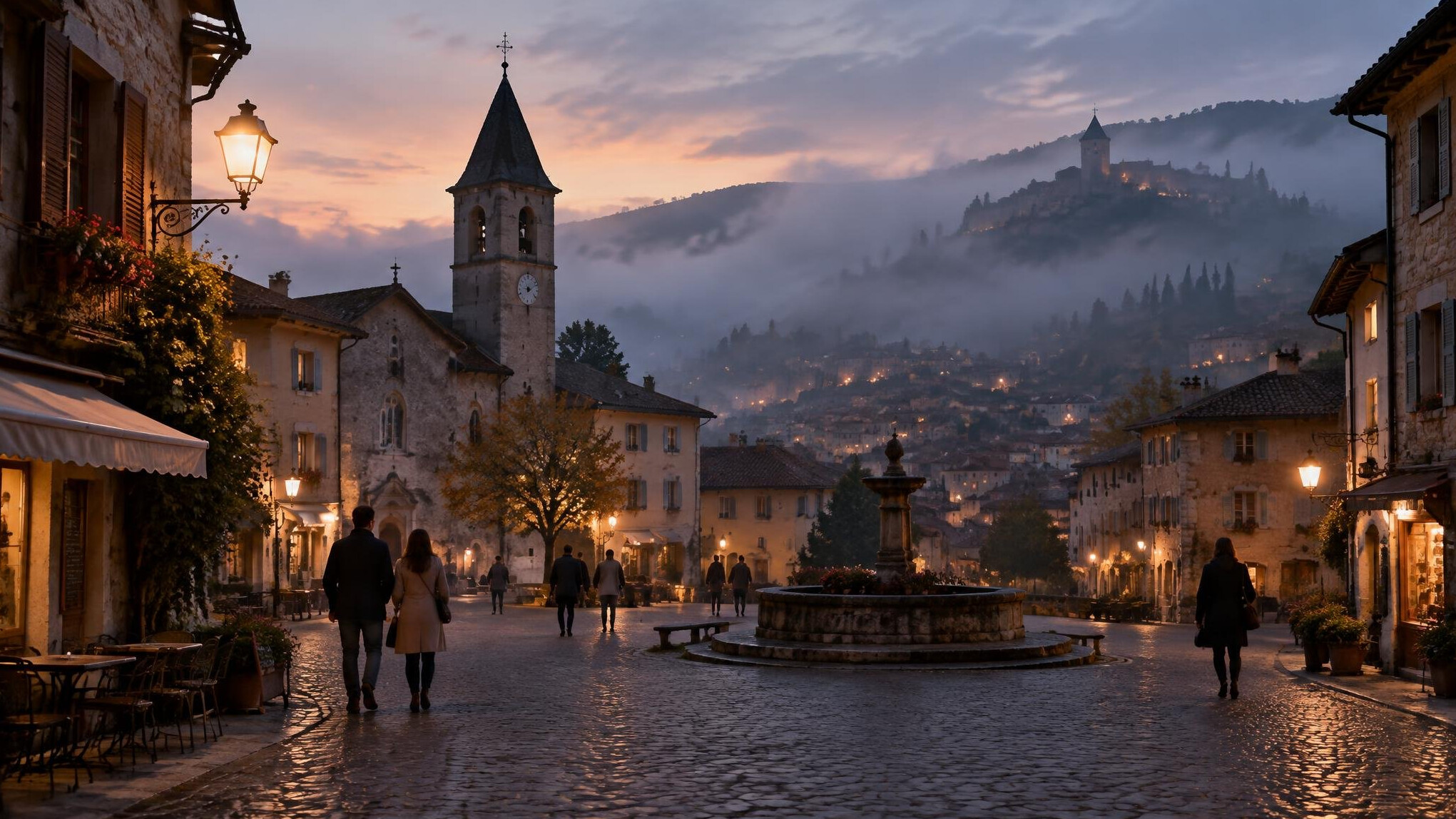small town square at dusk