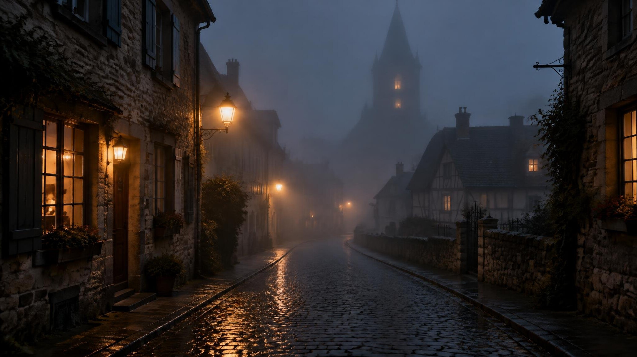 foggy small town street at night