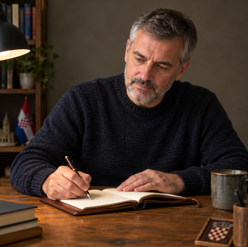 Croatian male writer in his 50s sitting at a wooden desk writing in a notebook